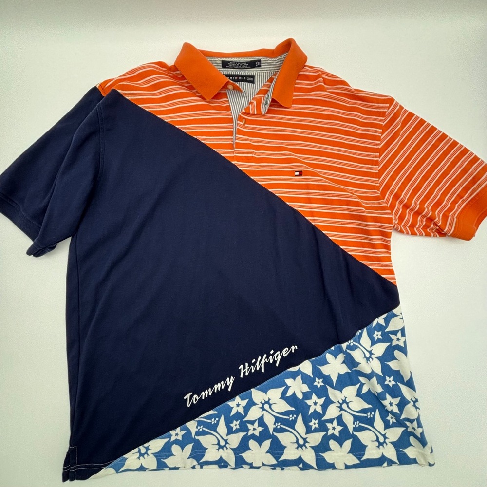 Y2K Tommy Hilfiger Men XXL Orange White Stripe Navy Floral Polo Color Block Polo